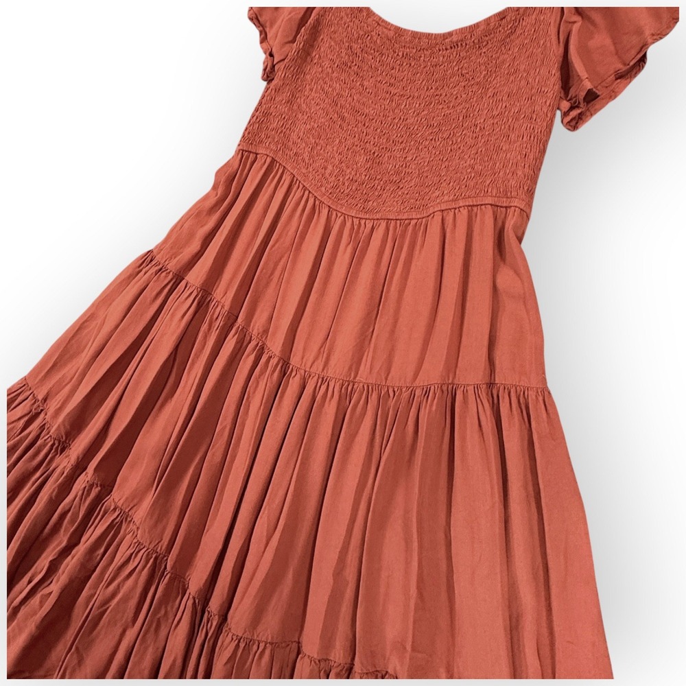 WISHLIST Smocked Bodice Tiered Maxi Dress Womens L Rust Ruffle Boho Flowy - Picture 3 of 8